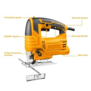 Ingco 650W Variable Speed Jigsaw with Blade Kit – Corded Jig Saw for Wood and Metal