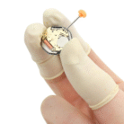 A group of 50 latex finger cots laid out, with a few placed on a person's fingers to show how they fit.