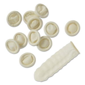 A group of 50 latex finger cots laid out, with a few placed on a person's fingers to show how they fit.
