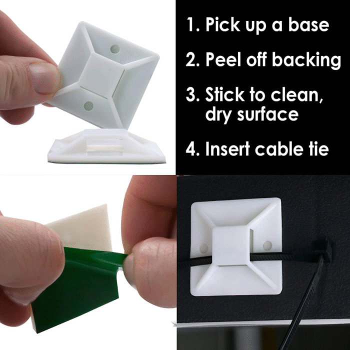 White Adhesive Cable Tie Mounts – 100 Pcs Pack (19x19 & 25x25 mm)