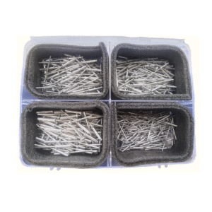 A close-up of a variety of aluminum blind rivets in different sizes, showing their heads and mandrels.