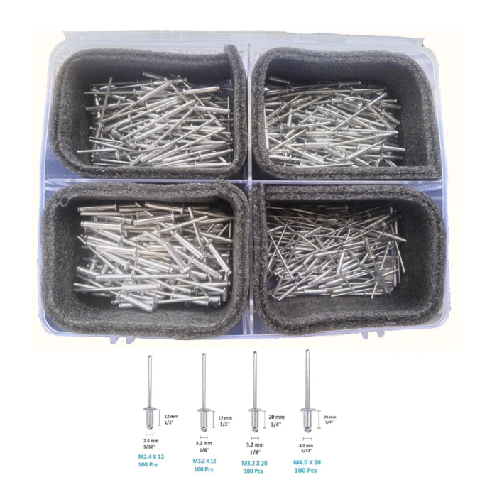 A close-up of a variety of aluminum blind rivets in different sizes, showing their heads and mandrels.