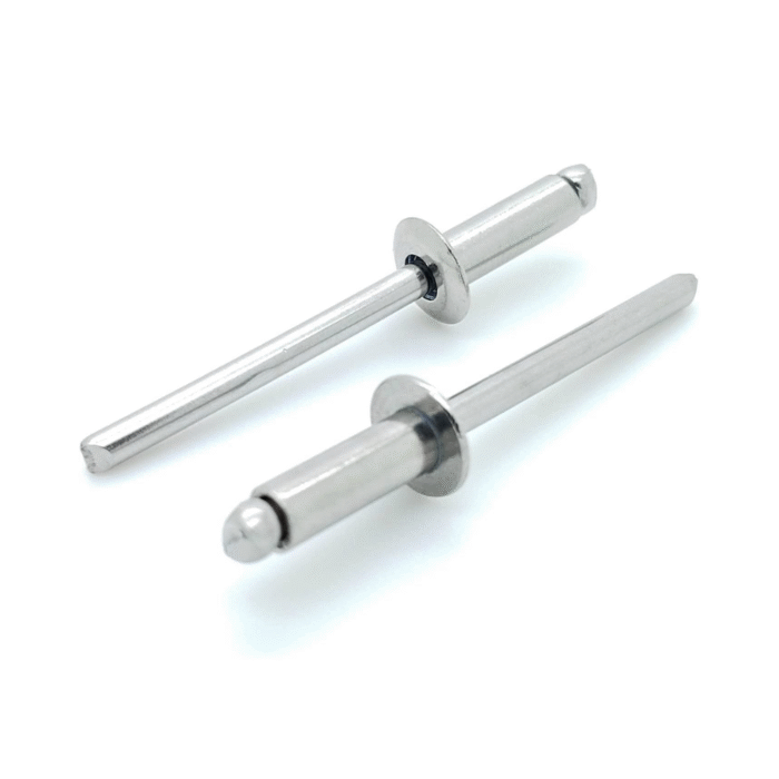 A close-up of a variety of aluminum blind rivets in different sizes, showing their heads and mandrels.