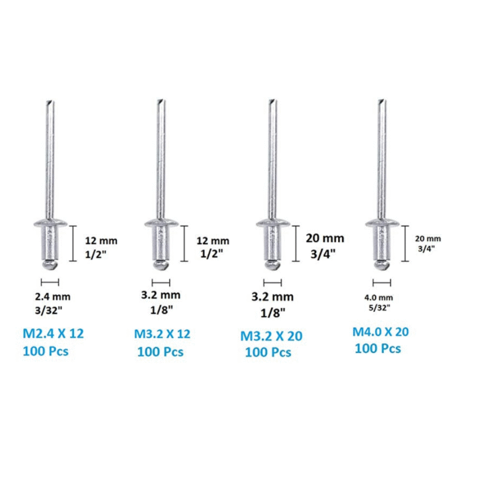 A close-up of a variety of aluminum blind rivets in different sizes, showing their heads and mandrels.