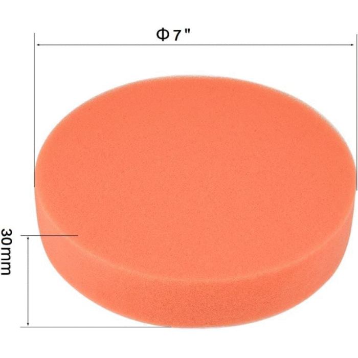A side view of a 7-inch/180mm car polishing sponge wheel attached to a rotary tool, ready for use on a car's surface. A side view of a 7-inch/180mm car polishing sponge wheel attached to a rotary tool, ready for use on a car's surface.
