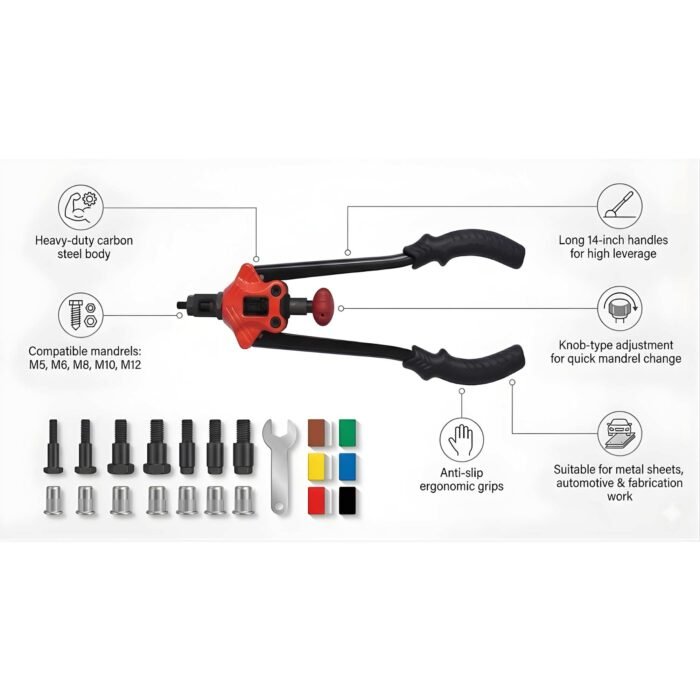 GSK Cut 14 Inch Rivet Nut Gun Tool Kit with Mandrels M5 M6 M8 M10 M12