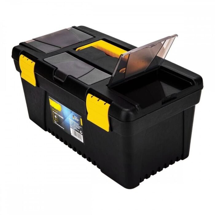 Buy the Deli 12 Inch Plastic Tool Box with removable tool tray and one-hand snap latch. Durable portable storage organizer for hand tools, hardware, repairs, workshops, and DIY projects.