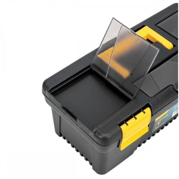 Buy the Deli 12 Inch Plastic Tool Box with removable tool tray and one-hand snap latch. Durable portable storage organizer for hand tools, hardware, repairs, workshops, and DIY projects.