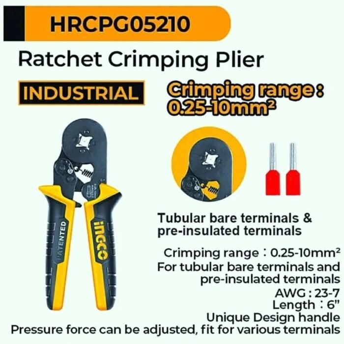 INGCO HRCPG05210 Self-Adjustable Ratchet Wire Crimping Tool 0.25-10mm²