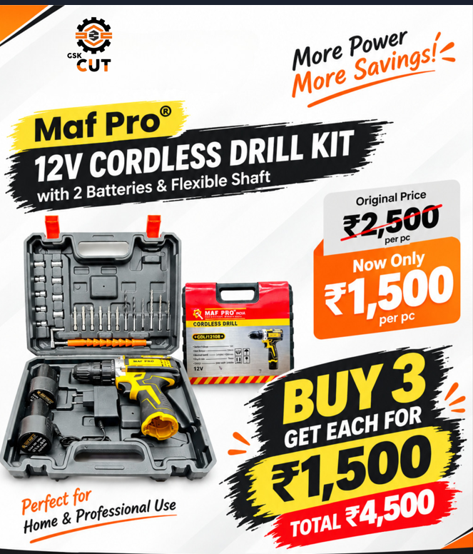 MAF Pro® 12V Cordless Drill Kit with 2 Batteries & Flexible Shaft, 10mm Keyless Chuck, 18+1 Torque Settings, 0–1500 RPM, 3-Piece Combo Tool Set MAF Pro® 12V Cordless Drill Kit with 2 Batteries & Flexible Shaft, 10mm Keyless Chuck, 18+1 Torque Settings, 0–1500 RPM, 3-Piece Combo Tool Set